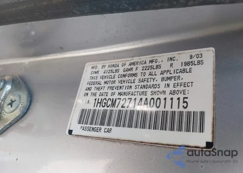 2004 Honda Accord 2.4 Ex from USA, damaged, VIN 1HGCM72714A001115